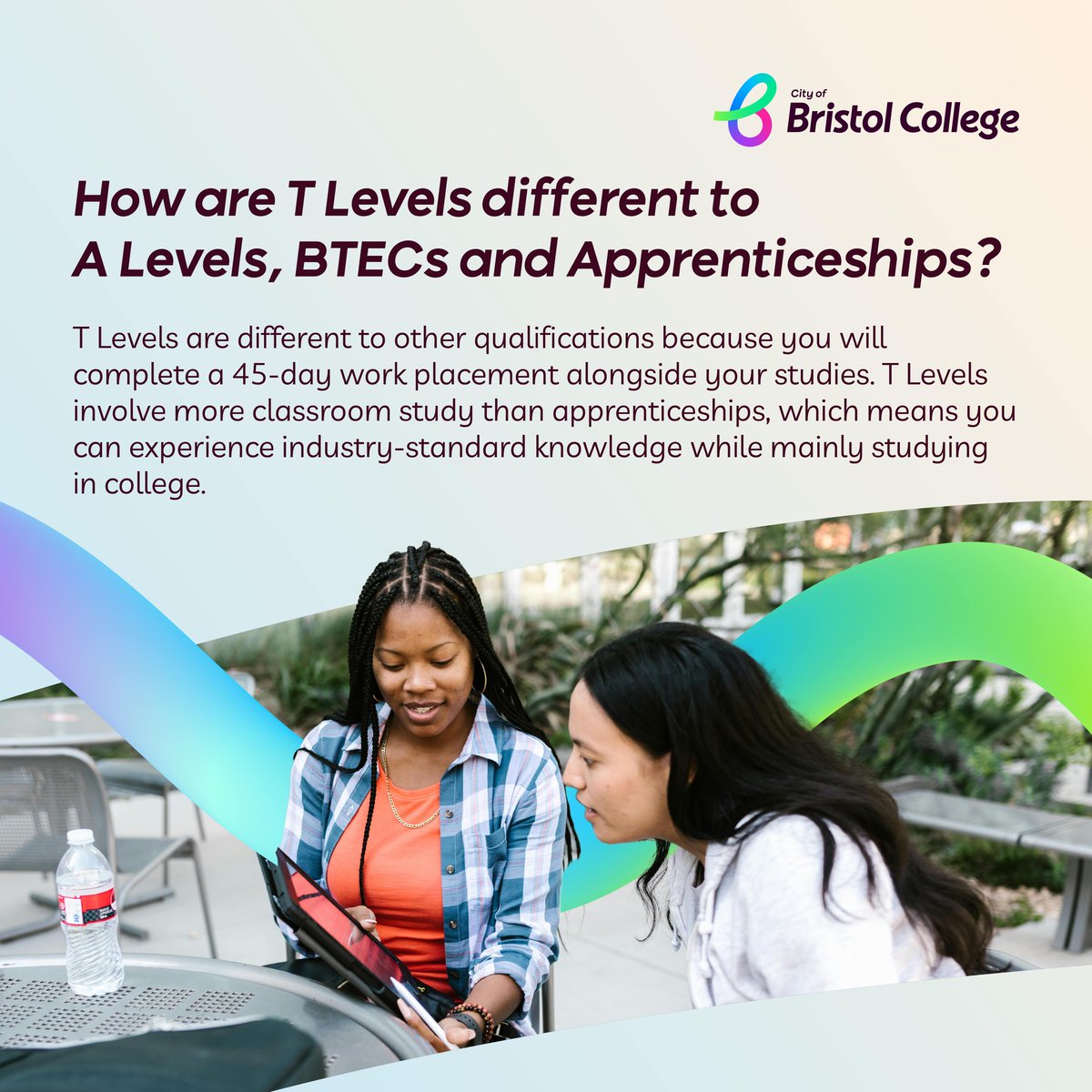 ✨How are T Levels different to other qualifications?✨

T Levels are designed to offer a more vocational and “hands-on” approach to learning, focusing on trade and industry skills!🚀

#MyBristolCollege #WhereNext #TLevels #TLevelWeek