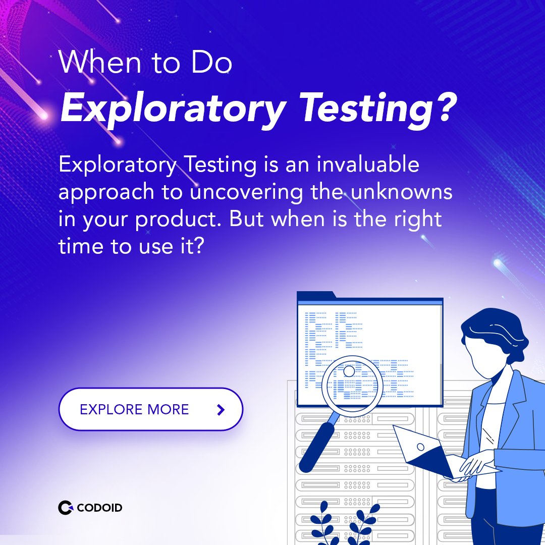 codoid's tweet image. Exploratory Testing helps uncover unknowns, investigate new user stories, and discover unexpected behaviors. Start exploring today and take your testing to the next level!

#ExploratoryTesting #SoftwareTesting #Codoid#AutomationTesting