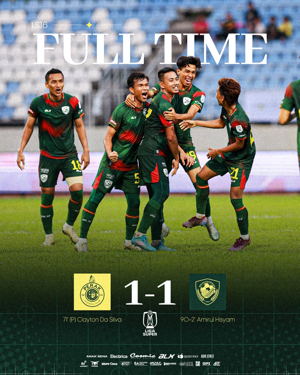 kda_fc's tweet photo. ⚔ FULL TIME ⚔

Berkongsi mata di Manjung selepas jaringan Amirul Hisyam di akhir babak permainan. Tidak mengalah, tetap berjuang! ✊

FT | PERAK FC (1 - 1) KDA FC
⚽ 71' (P) Clayton Da Silva (PRK)
⚽ 90+2' Amirul Hisyam (KDA)

#KDAFC #LigaSuper2425 #LS16 #PRKKDA https://t.co/J2n8fYGzkv
