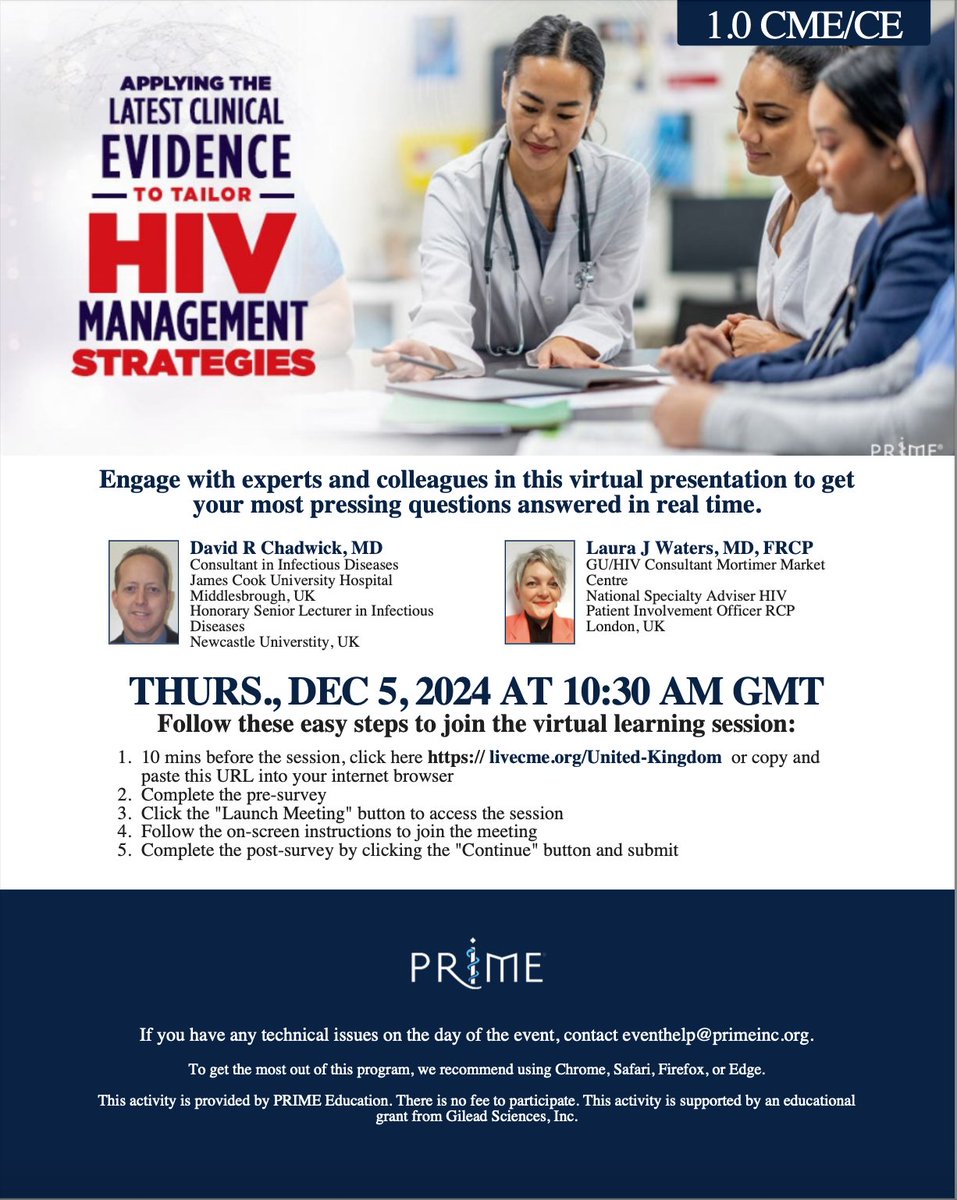 drlaurajwaters's tweet image. It&apos;s short notice but if you happen to have a free hours at 10:30 GMT tomorrow (!) Dr David Chadwick will be sharing hte latest evidence to support HIV care, I&apos;ll be moderating &amp;amp; chipping in...!  Feel free to share 😀

@PRIME_cme