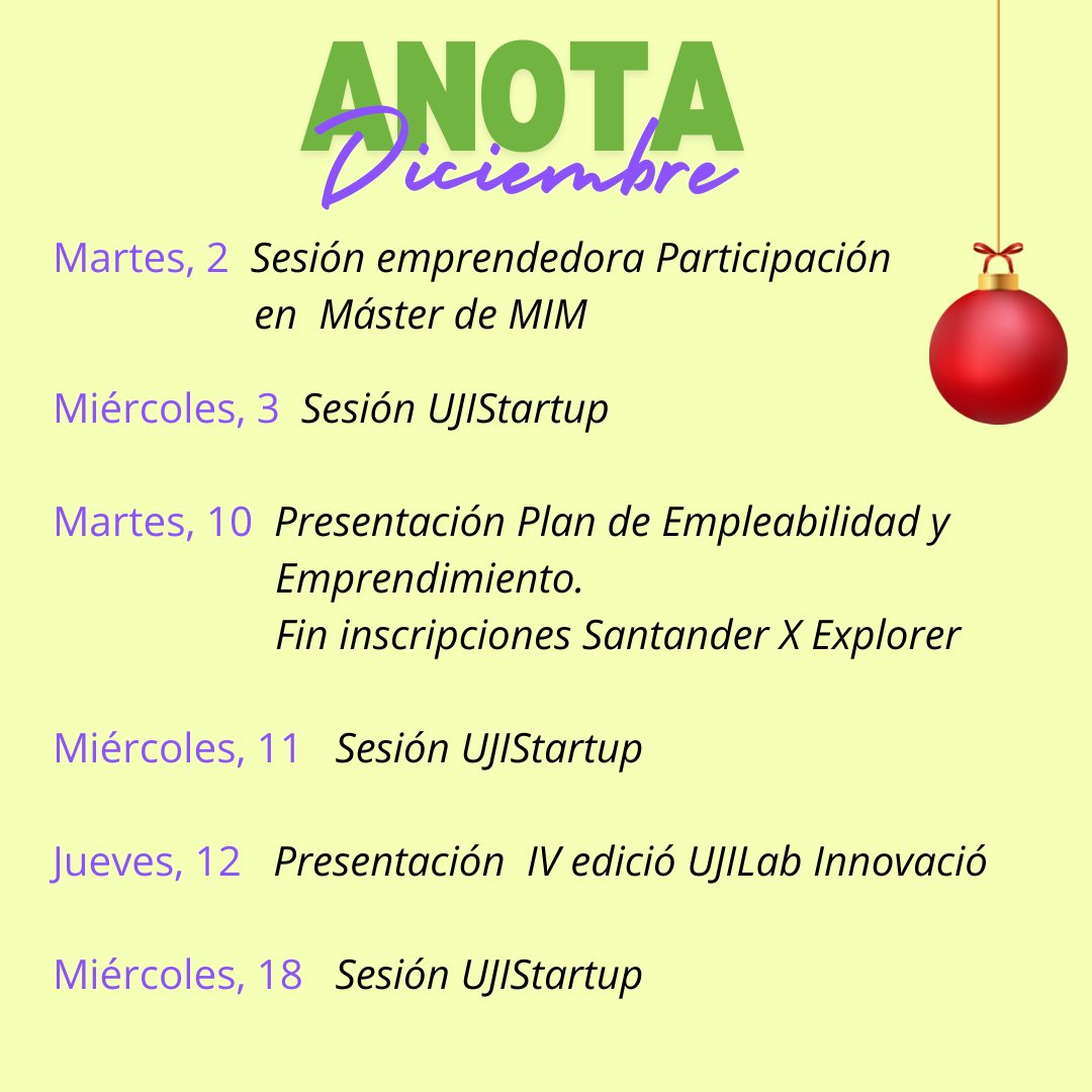 Càtedra INCREA - UJI (@cincrea) on Twitter photo 💥Si eres #estudiante de la @ujiuniversitat esta información, ¡te interesa!
👉 ¡Apúnta en tu calendario todas las actividades para no perderte nada!
¡Te esperamos!
#somuji #emprendimiento #innovacion #equipos #reto #startup 💥Si eres #estudiante de la @ujiuniversitat esta información, ¡te interesa!
👉 ¡Apúnta en tu calendario todas las actividades para no perderte nada!
¡Te esperamos!
#somuji #emprendimiento #innovacion #equipos #reto #startup