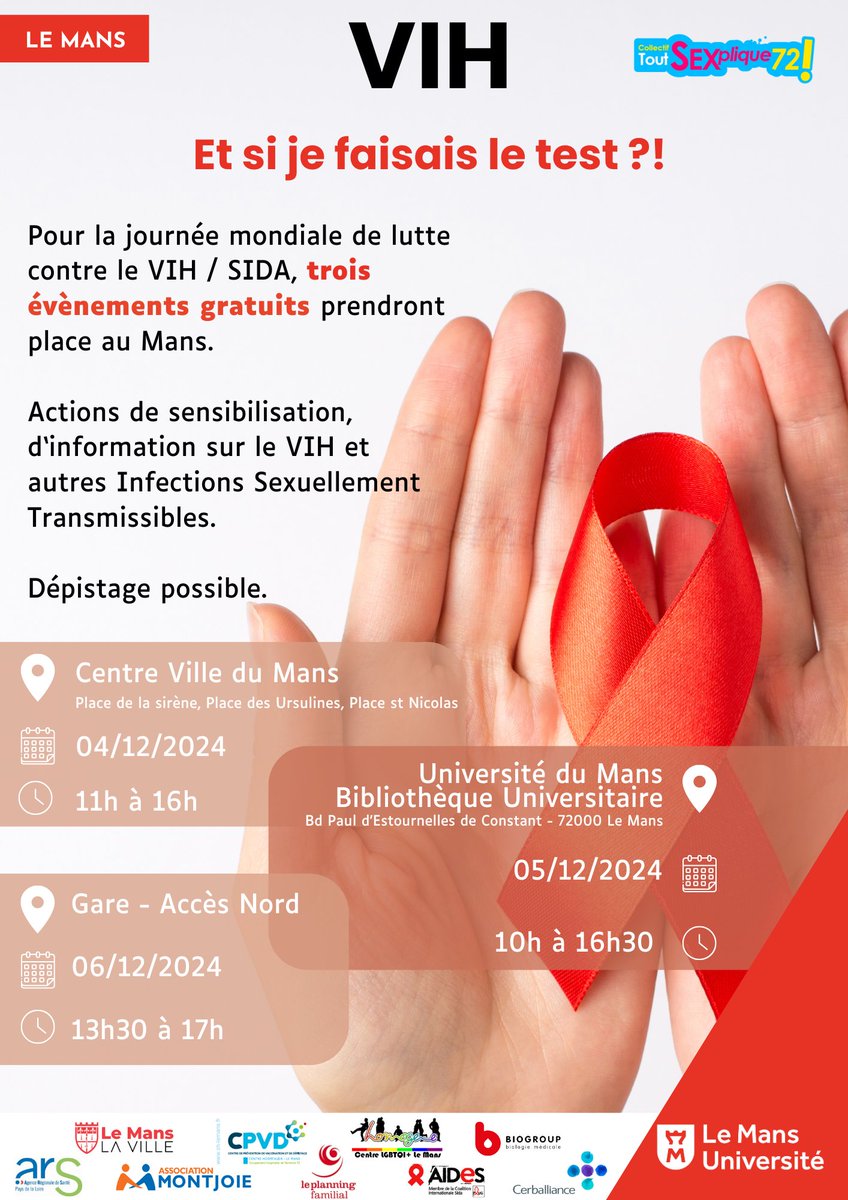 Dans le cadre de la journée mondiale de lutte contre le VIH, des actions de sensibilisation et de dépistage se déroulent place de la sirène, place des Ursulines et place Saint-Nicolas jusqu'à 16h.