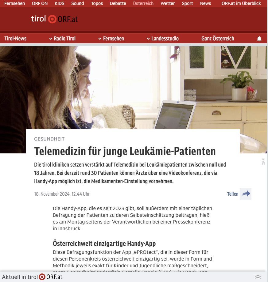 #Ches is used for telemedicine in young leukaemia patients - #ORF reports on it 🎉  
Here is the link to read more:  bit.ly/413FEwa 

#ESD #APP #Protect #QOL #QualityOfLife