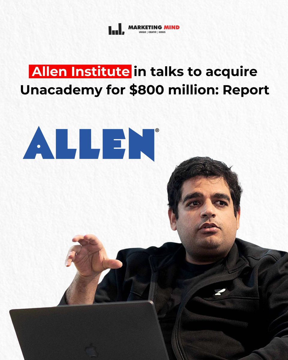 MarketingMind_'s tweet image. Allen Career Institute is in talks to buy Unacademy for $800 million, down from the edtech startup’s $3.4 billion value in 2021, according to the Economic Times.

#MarketingMind #Reports #Unacademy #AllenInstitute