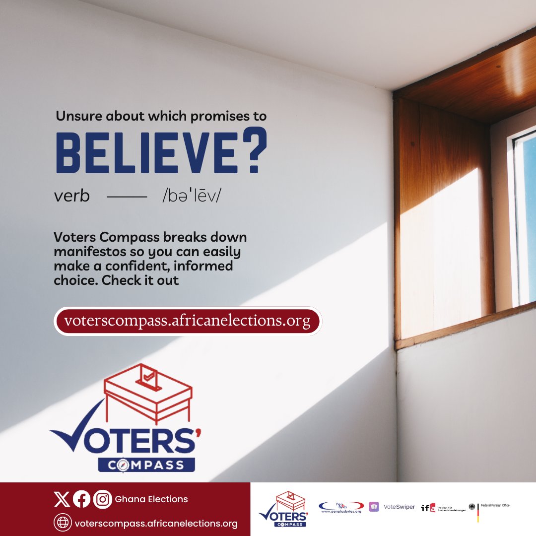 ghanaelections's tweet photo. Unsure about which promises to believe? #VotersCompass breaks down manifestos so you can easily make a confident, informed choice. Check it out at https://t.co/euYhxDHzvQ
#VotersCompass
#GhanaElections2024
#Penplusbytes
#VoteSmartThisDecember https://t.co/d13vNMrHcX