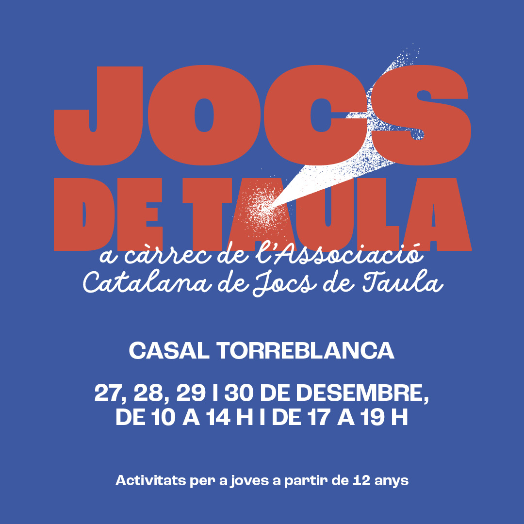 🎲 Jocs de Taula 🎲

Del 27 al 30 de desembre, vine a gaudir dels millors jocs de taula, a càrrec de @jocstaula!

🕙 Horaris:

Matí: 10 h - 14 h
Tarda: 17 h - 19 h

Una tarda de competició sana i estratègia! Porta’t els teus amics i amigues i veniu a passar-ho genial!