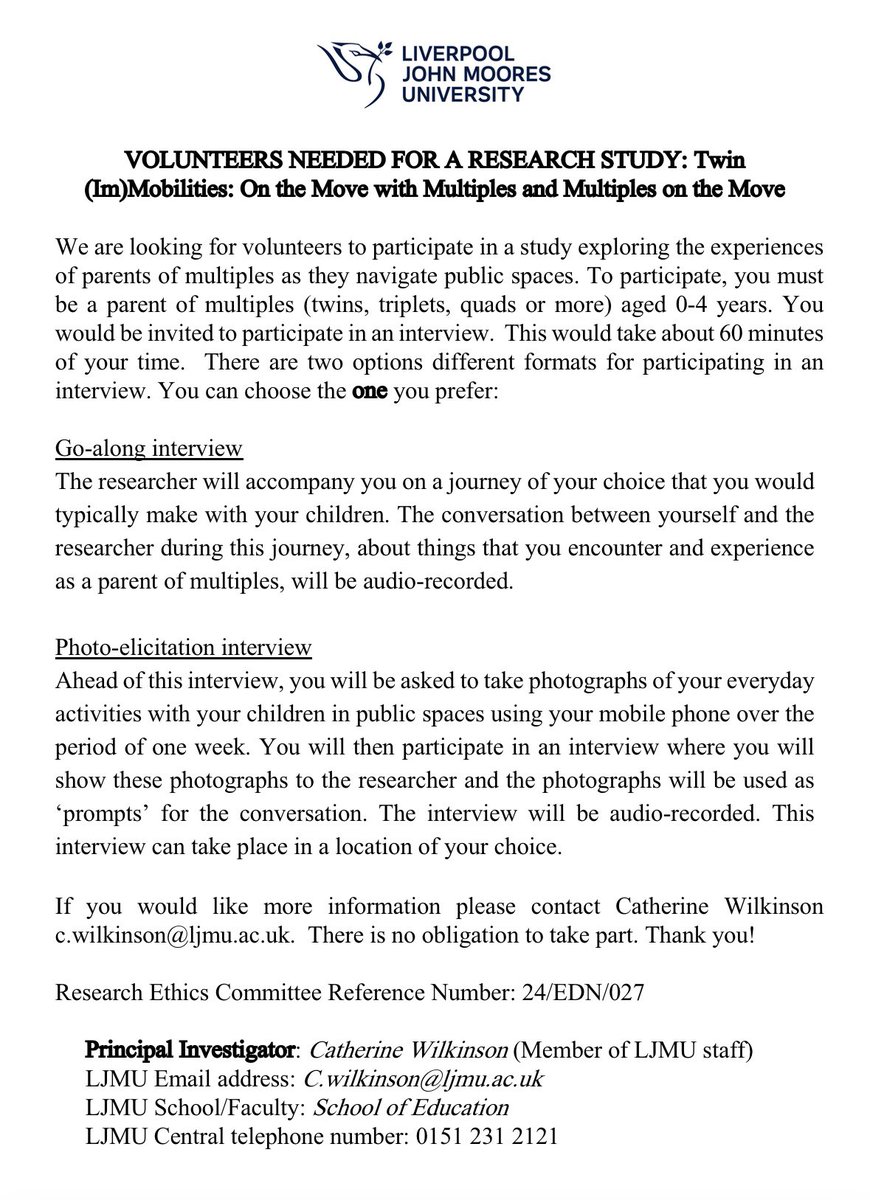 Dr Catherine Wilkinson (@drcatwilkinson) on Twitter photo We are looking for parents of multiples (twins, triplets, quads & more) to participate in a study exploring their everyday mobilities (how they navigate to and through public spaces) with your children. Please share the advert below with any parents of multiples ☺️. <a href="/TwinsTrust/">Twins Trust</a> We are looking for parents of multiples (twins, triplets, quads & more) to participate in a study exploring their everyday mobilities (how they navigate to and through public spaces) with your children. Please share the advert below with any parents of multiples ☺️. <a href="/TwinsTrust/">Twins Trust</a>