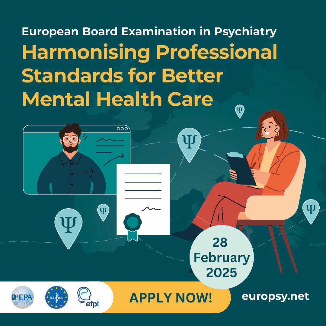 Georgios Pagkalos (@dr_pagkalos) on Twitter photo Do you want to become a Fellow of the European Board of Psychiatry? 🎓
Applications are now open: europsy.net/european-board…
<a href="/UemsP/">UEMS Psychiatry</a> <a href="/Euro_Psychiatry/">European Psychiatric Association</a> <a href="/EFPTrainees/">EFPT</a> Do you want to become a Fellow of the European Board of Psychiatry? 🎓
Applications are now open: europsy.net/european-board…
<a href="/UemsP/">UEMS Psychiatry</a> <a href="/Euro_Psychiatry/">European Psychiatric Association</a> <a href="/EFPTrainees/">EFPT</a>