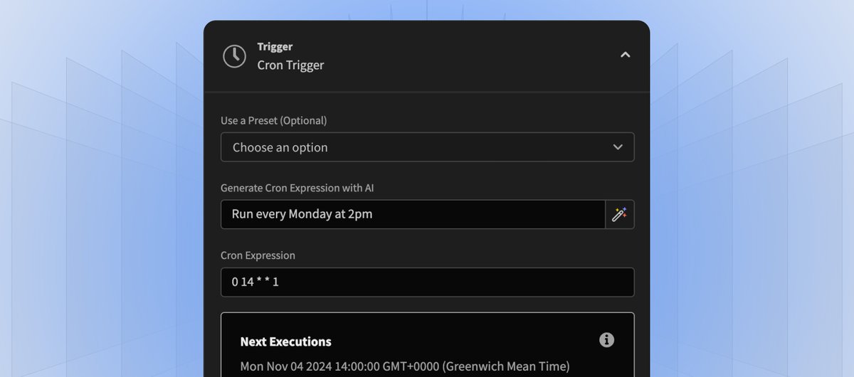 Writing a CRON expression from scratch often feels like 🤯. 

Budibase's new AI CRON trigger allows you to use natural language instead of complicated CRON expressions. Write “Every Tuesday at 3PM,” and the LLM will generate the CRON expression.