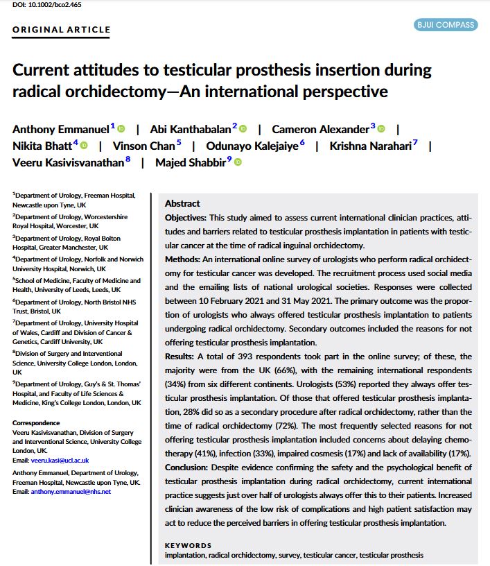 BJUI Compass (@bjuicompass) on Twitter photo Online now: Current attitudes to testicular prosthesis insertion during radical orchidectomy—An international perspective
<a href="/AnthonyE247/">Anthony Emmanuel</a> <a href="/NikitaB0709/">Nikita Bhatt</a> <a href="/veerukasi/">Veeru Kasi</a>
doi.org/10.1002/bco2.4… Online now: Current attitudes to testicular prosthesis insertion during radical orchidectomy—An international perspective
<a href="/AnthonyE247/">Anthony Emmanuel</a> <a href="/NikitaB0709/">Nikita Bhatt</a> <a href="/veerukasi/">Veeru Kasi</a>
doi.org/10.1002/bco2.4…