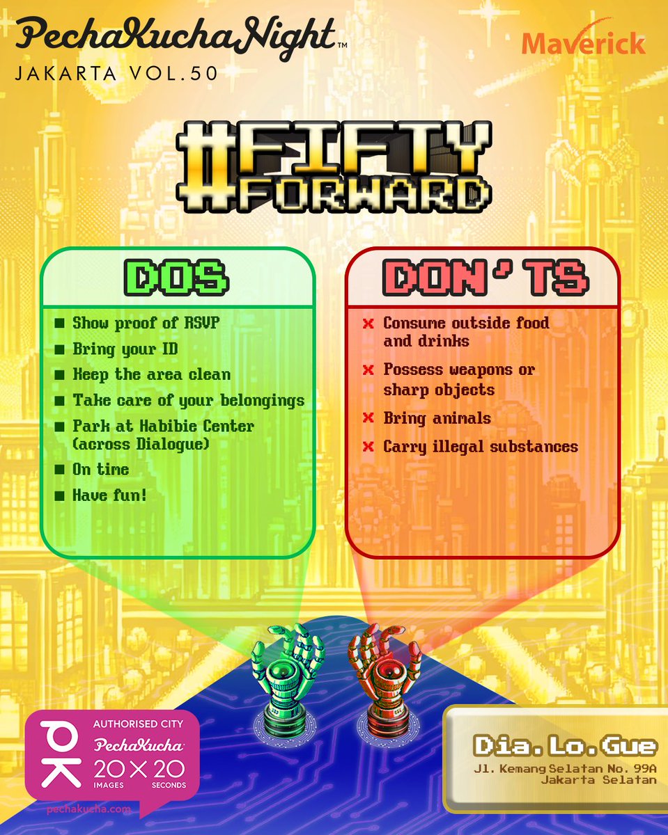 SATU HARI MENUJU #PechaKuchaNightJakarta Vol. 50 🚨

Sekadar mengingatkan PechaKuchers, silahkan diresapi Do's and Don'ts saat acara berlangsung yaa!

Buat yang belum daftar, langsung registrasi di bit.ly/PKNJ50

Sampai jumpa besok! 🤩

#FiftyForward #PKNJ50
