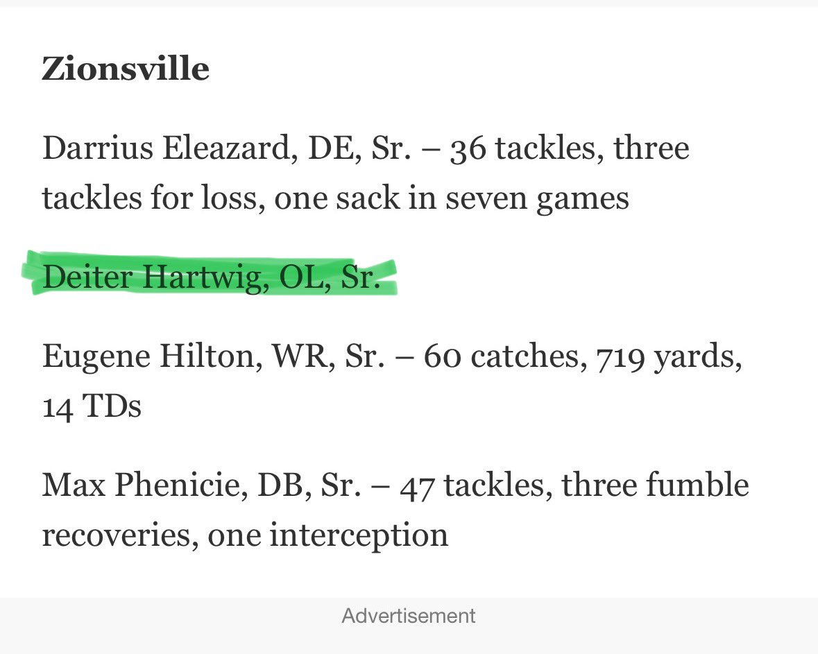 DeiterHartwig (@deiterhartwig72) on Twitter photo Proud to be named to the 1st team All-HCC! The best conference in the state of Indiana.
<a href="/CoachTurnquist/">Scott</a>
<a href="/ZionsvilleFB/">Zionsville Football</a>
<a href="/HoosierCConf/">Hoosier Crossroads Conference</a> Proud to be named to the 1st team All-HCC! The best conference in the state of Indiana.
<a href="/CoachTurnquist/">Scott</a>
<a href="/ZionsvilleFB/">Zionsville Football</a>
<a href="/HoosierCConf/">Hoosier Crossroads Conference</a>
