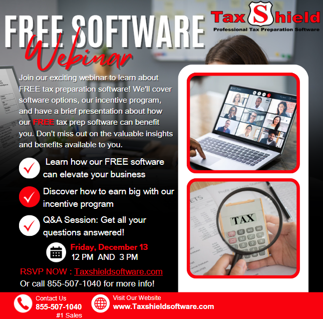 TaxShield1040's tweet photo. Transform Your Tax Business with Tax Shield Software!

Join our **Exclusive FREE Webinar** to discover how our FREE tax prep software can take your business to the next level! https://t.co/PV5uxb0c2U