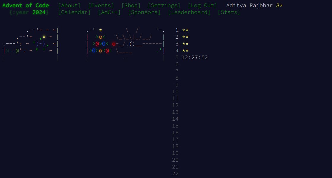 codebyaadi's tweet image. Just completed Day 4 of Advent of Code 2024 – "Ceres Search"! Finally caught up after a delay due to work. It's been a fun challenge so far, and I’m excited to keep going! #AdventOfCode 🎉 adventofcode.com/2024/day/4 #AdventOfCode