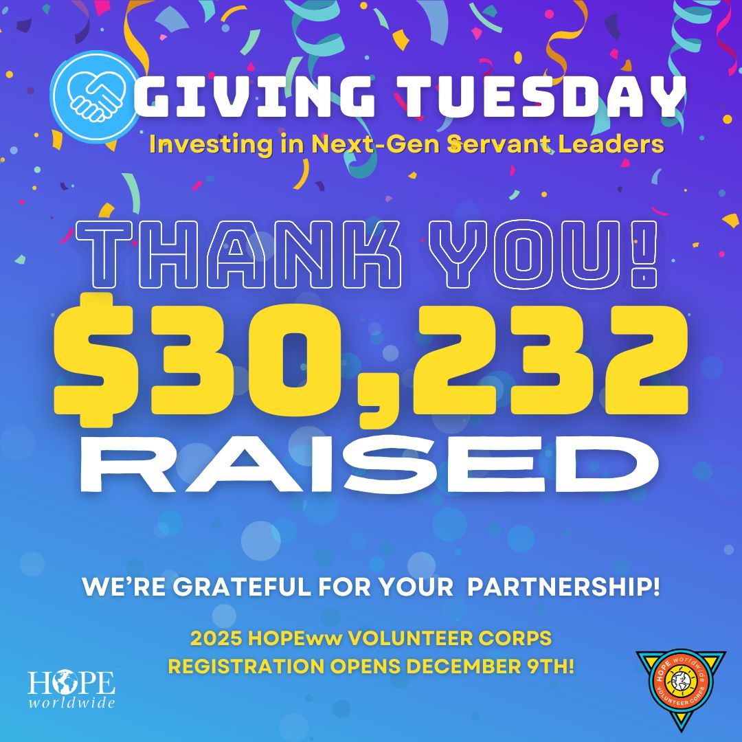 🎉 We Did It—Together! 🎉

Thanks to your incredible generosity &amp; partnership, we’ve reached our fundraising goal and surpassed it, raising $30,232 to support HOPE Volunteer Corps programs! Thank you for being part of this journey. #inspiregreaterhope