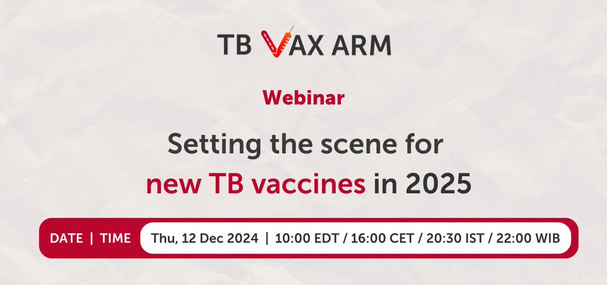Working Group on New TB Vaccines (@newtbvaccines) on Twitter photo Register for the final 2024 TB Vax ARM call for TB vax updates & resources:
🗣️7th <a href="/GlobForumTBVax/">Global Forum on TB Vaccines</a> & <a href="/UnionConference/">The Union Conference</a>
💹TB Research Funding Trends Report 2025
🧳TB Vaccine Preparedness Repository
📅Thu 12 Dec 2024
⏰10AM EDT / 4PM CET / 8:30PM IST
🔗 bit.ly/TBvaxARMdec24 Register for the final 2024 TB Vax ARM call for TB vax updates & resources:
🗣️7th <a href="/GlobForumTBVax/">Global Forum on TB Vaccines</a> & <a href="/UnionConference/">The Union Conference</a>
💹TB Research Funding Trends Report 2025
🧳TB Vaccine Preparedness Repository
📅Thu 12 Dec 2024
⏰10AM EDT / 4PM CET / 8:30PM IST
🔗 bit.ly/TBvaxARMdec24