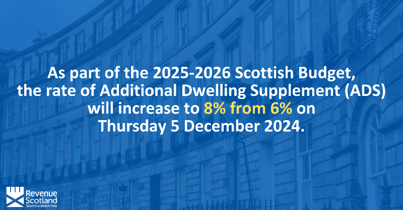 RevenueScotland's tweet photo. The rate of Additional Dwelling Supplement (ADS) will increase to 8% for contracts entered into on or after 5 December 2024. For contracts entered into on or before 4 December the previous rate of 6% will apply. 
 
Find out more on our website.