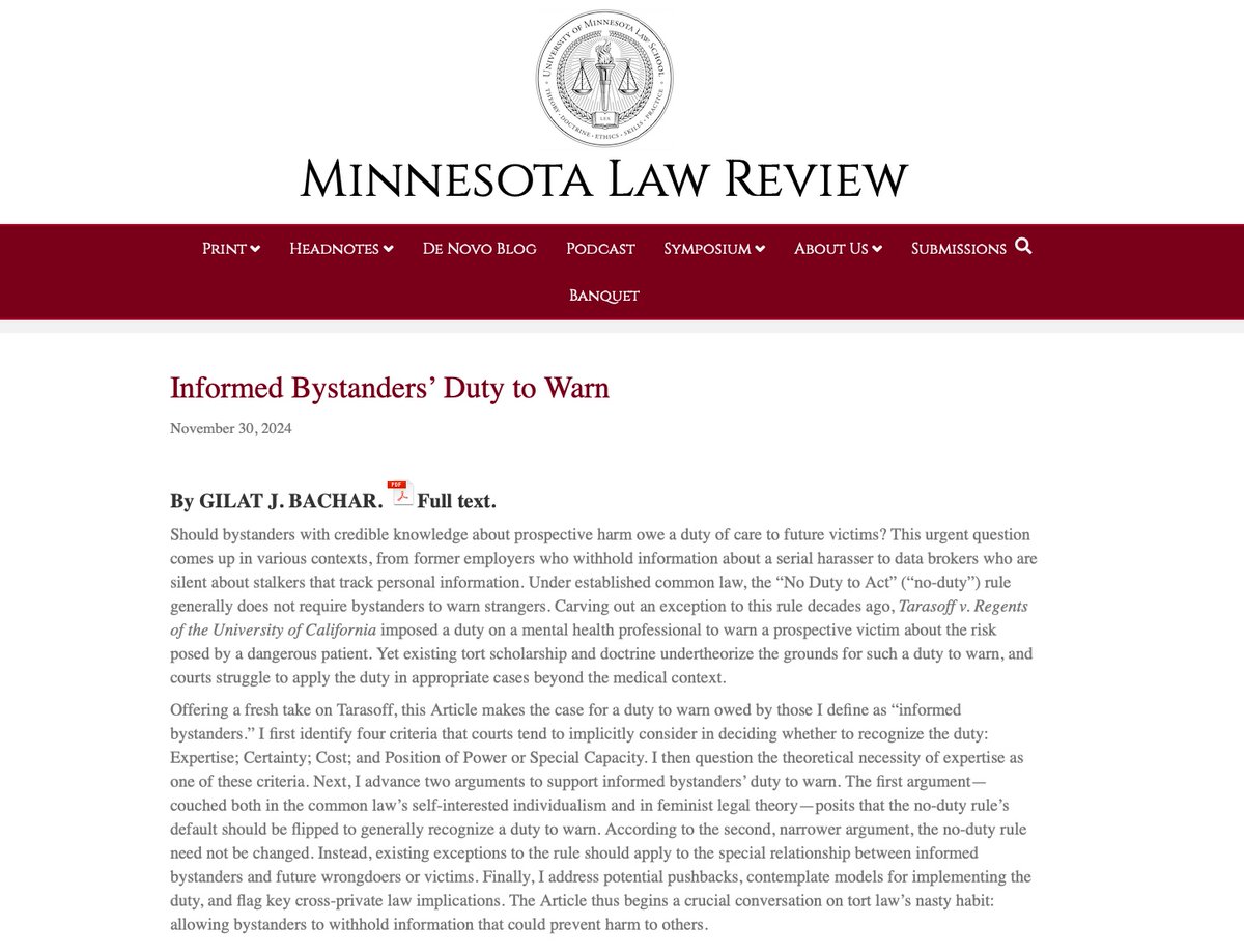 New paper: excited to share my latest, now out with <a href="/MinnesotaLawRev/">Minnesota Law Review</a>, w immense gratitude to the fantastic editors &amp; anyone who provided feedback. The paper offers a new perspective on the scope of the Tarasoff duty to warn. papers.ssrn.com/sol3/papers.cf…