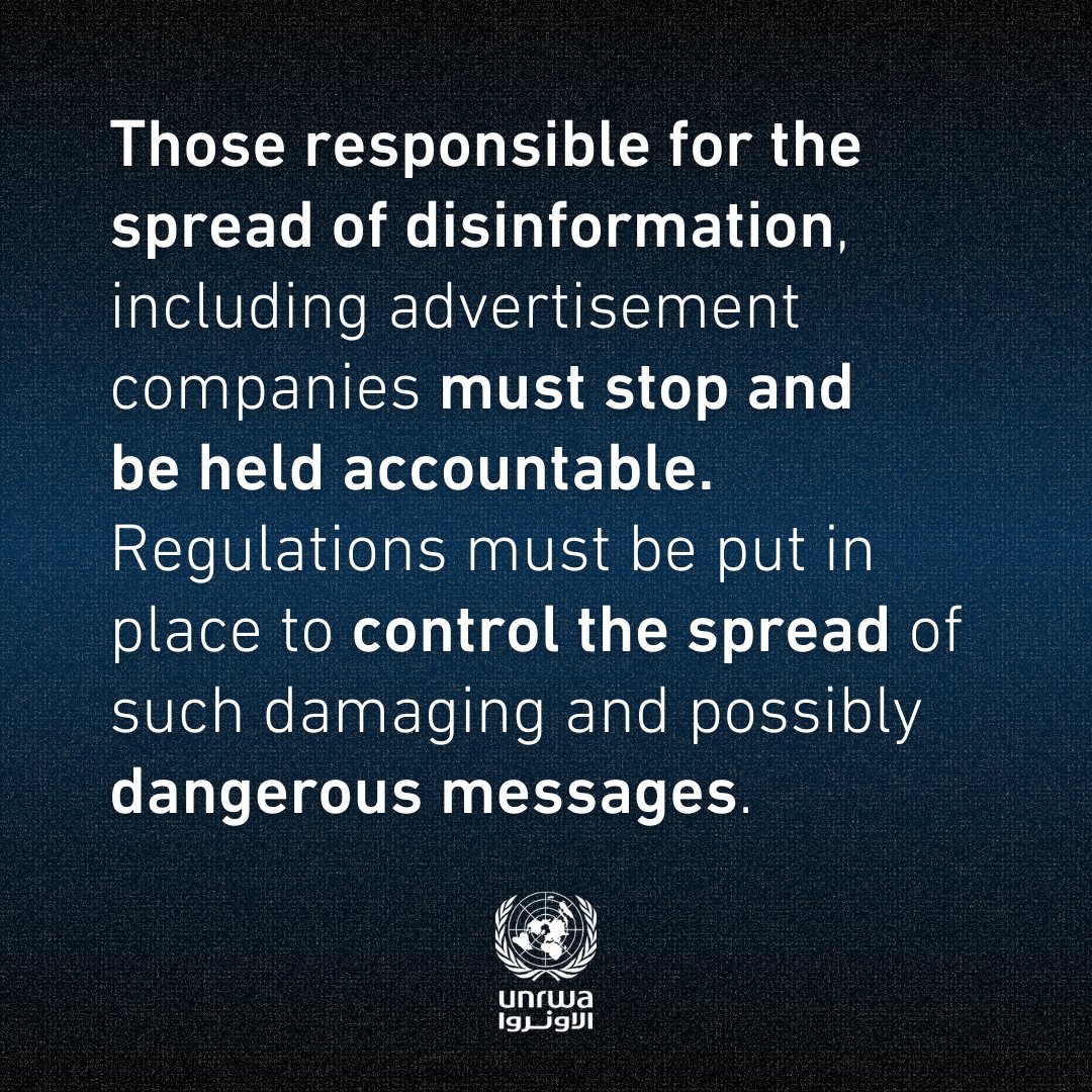 The Government of Israel is running a global disinformation campaign targeting UNRWA, the largest humanitarian provider for people in war-torn #Gaza.

The act of Israel, a UN member state, to label UNRWA, a UN agency, as a terror organisation may amount to hate speech.

Using