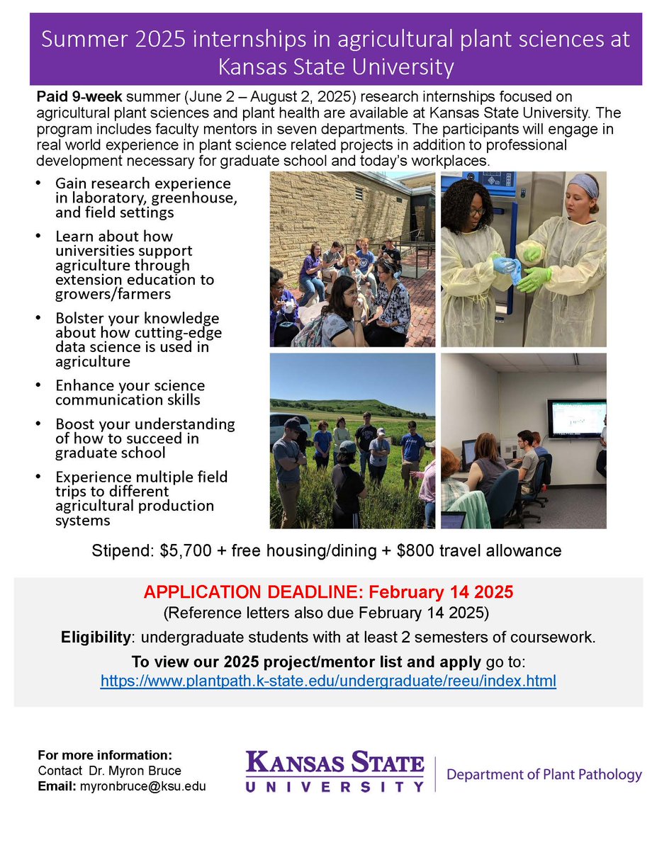 Call for applications ⭐️ The #KState Summer 2025 Internships in Agricultural Plant Sciences is seeking applications! 
plantpath.k-state.edu/academics/unde…