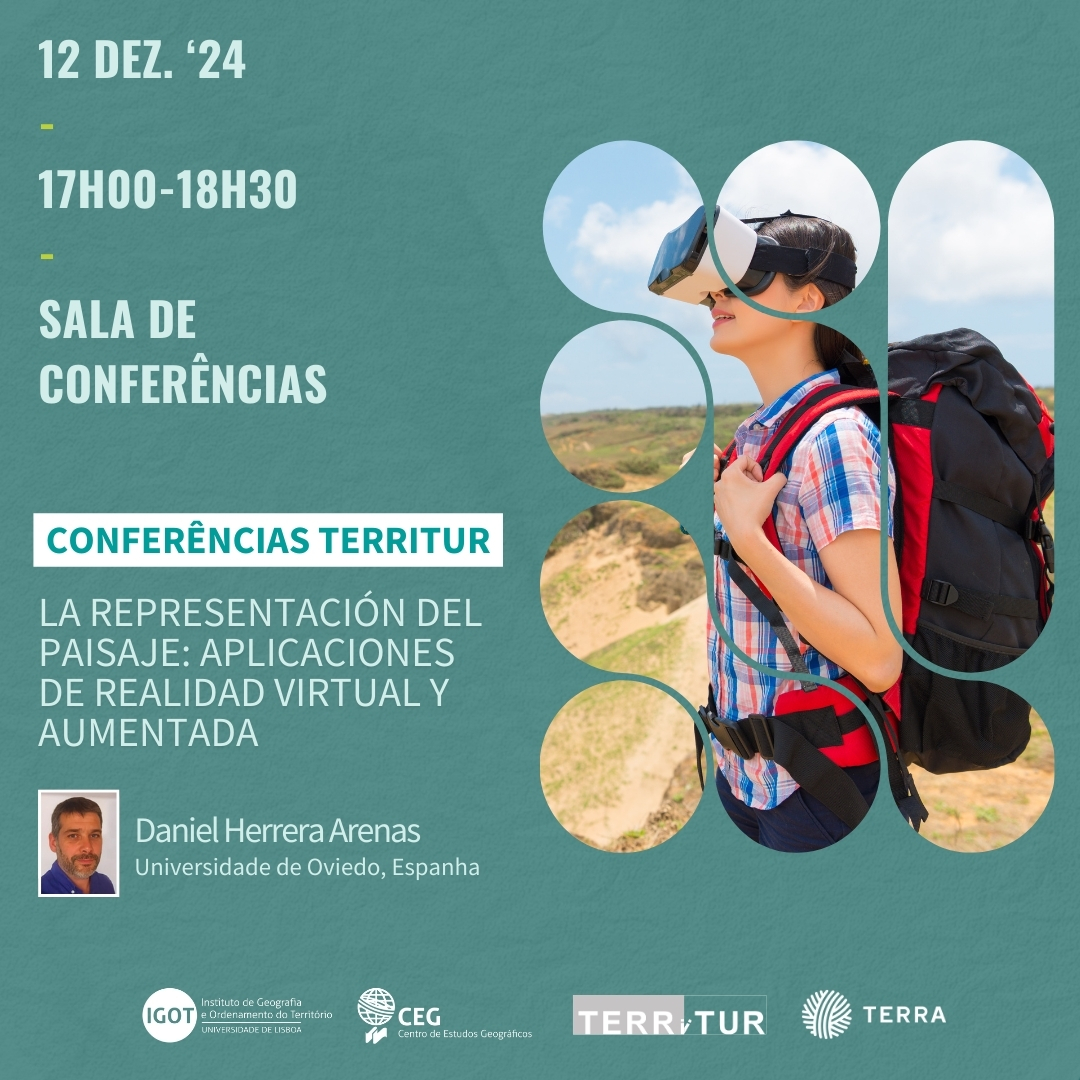 📣 Conferências Territur - Turismo, Património e Território | La Representación del paisaje: aplicaciones de realidad virtual y aumentada
Proferida por: Daniel Herrera Arenas (Universidade de Oviedo, Espanha)
🗓️ 12 de dezembro
⏰ 17h00 - 18h30
📍 Sala de Conferências Jorge Gaspar