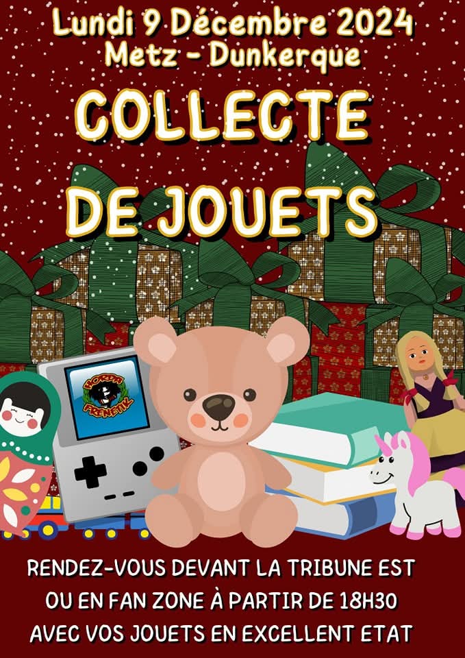 DylanFCM's tweet photo. La Horda frenetik s'associe au @FCMetz pour sa traditionnelle collecte de jouets ! Merci à tous pour votre participation 

Également, nous mettons en place une cagnotte pour les personnes ne pouvant se déplacer et voulant participer tout de même 
https://t.co/11BdPdtWEi https://t.co/Byq9FrKkcA
