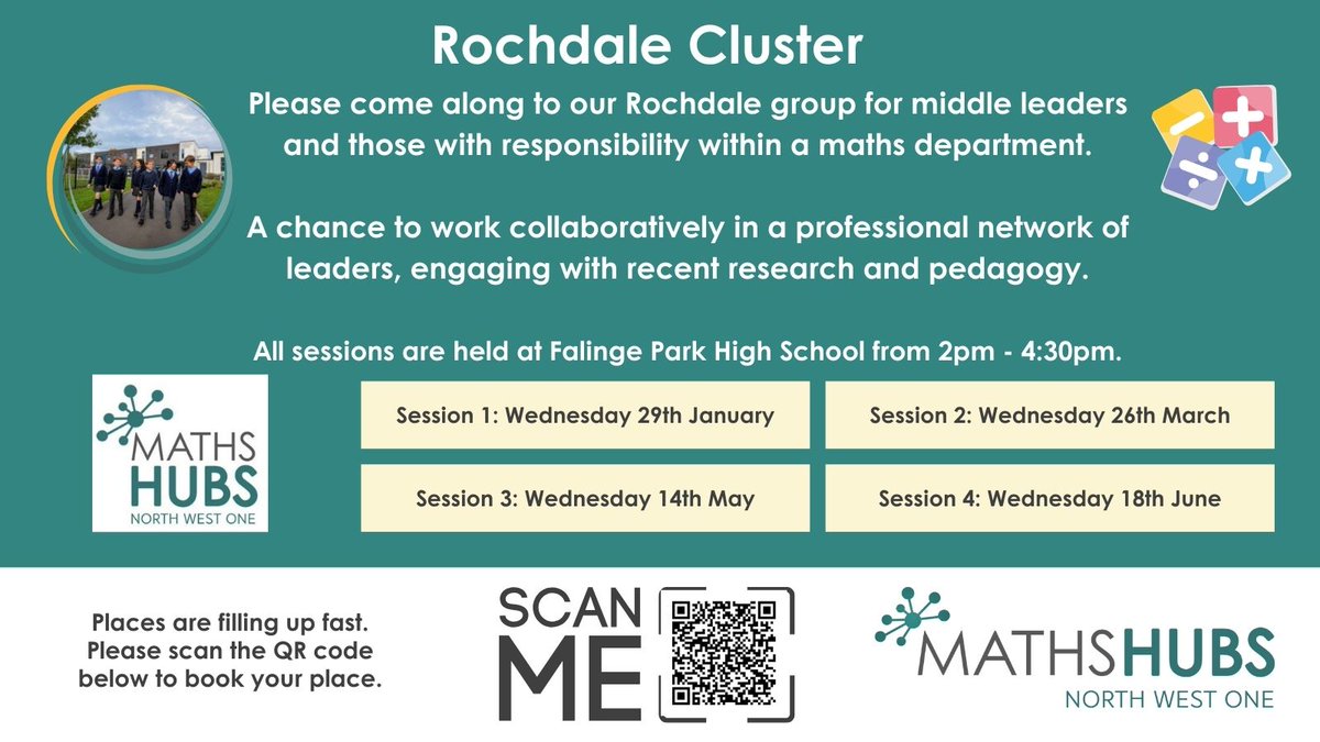 Do you have responsibility for maths in a Rochdale secondary school?

Join our local, collaborative group to work with other middle leaders and those with subject responsibility.

Find out more and book: forms.gle/bRwc3Jdc19pac4…