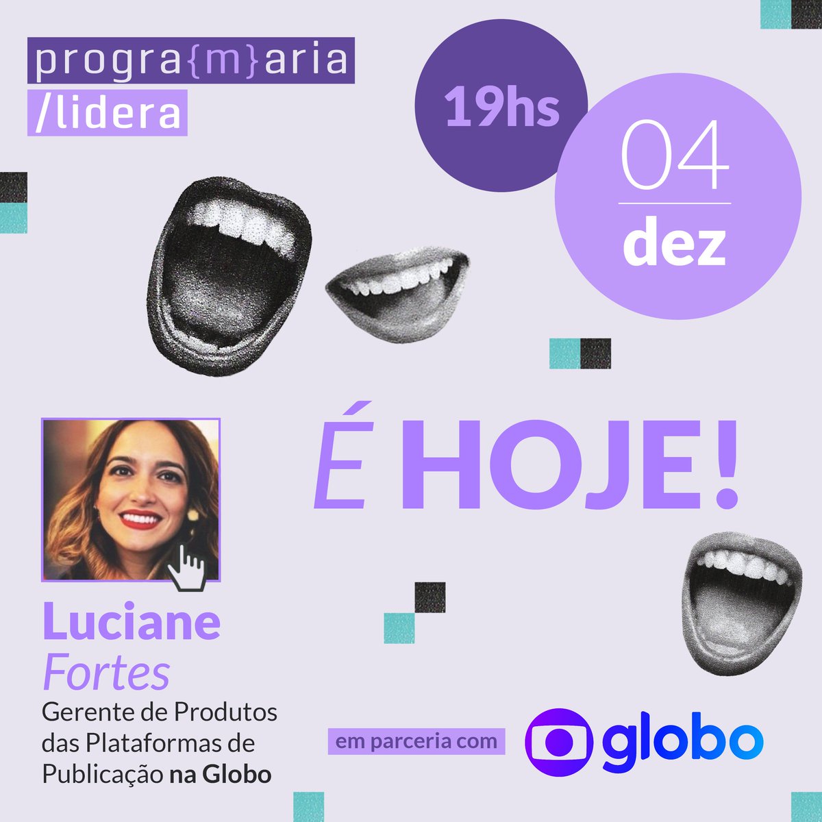 programaria's tweet image. Hoje é dia de PrograMaria Lidera! Nosso último evento de 2024 e você ainda pode se inscrever!

Quem estiver ao vivo concorre a vouchers do Globoplay pra maratonar muito depois! 🍿

Vem fechar o ano com inspiração e conexão! 💜 

Inscreva-se gratuitamente: bit.ly/lidera-globo