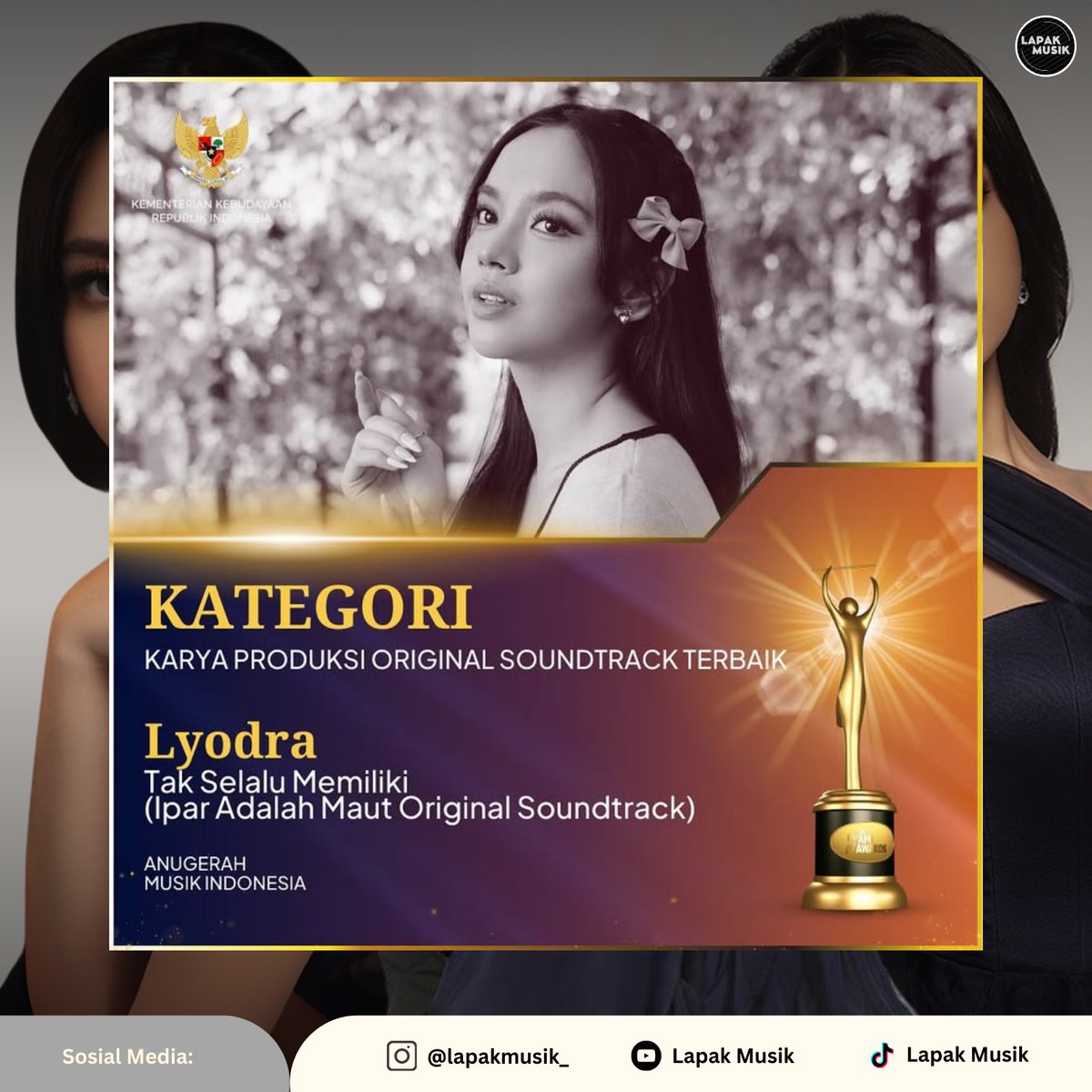 lapakmusik_'s tweet photo. Selamat untuk @imlyodra dan Yovie Widianto terpilih menjadi “Karya Produksi Original Soundtrack Terbaik” pada “Tak Selalu Memiliki - Ipar Adalah Maut Original Soundtrack” di Anugerah Musik Indonesia 2024🥳✨

#Lyodra #KaryaProduksiOriginalSoundtrackTerbaik #LapakMusikOfficial https://t.co/PQ93dpUszO