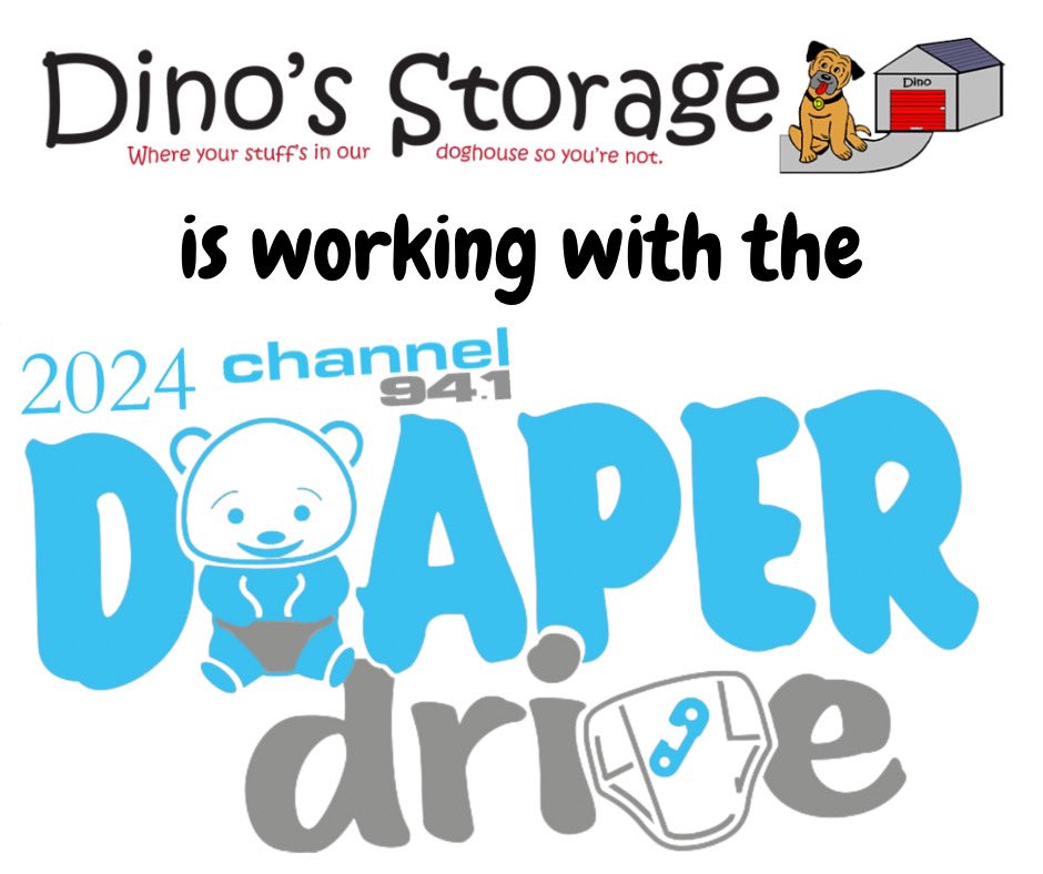 DinosStorage's tweet photo. Dino’s Storage is proud to partner with Channel 94.1 for the 22nd annual Diaper Drive! Bring diapers of all sizes to ANY Dino’s location to be donated to the Lydia House at Open Door Mission! https://t.co/P57j0ff3JZ