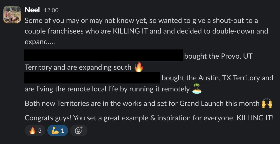 Stoked for a couple of our franchisees doubling-down and buying new territories.

No greater vote of confidence in the system and the future than a move like this.