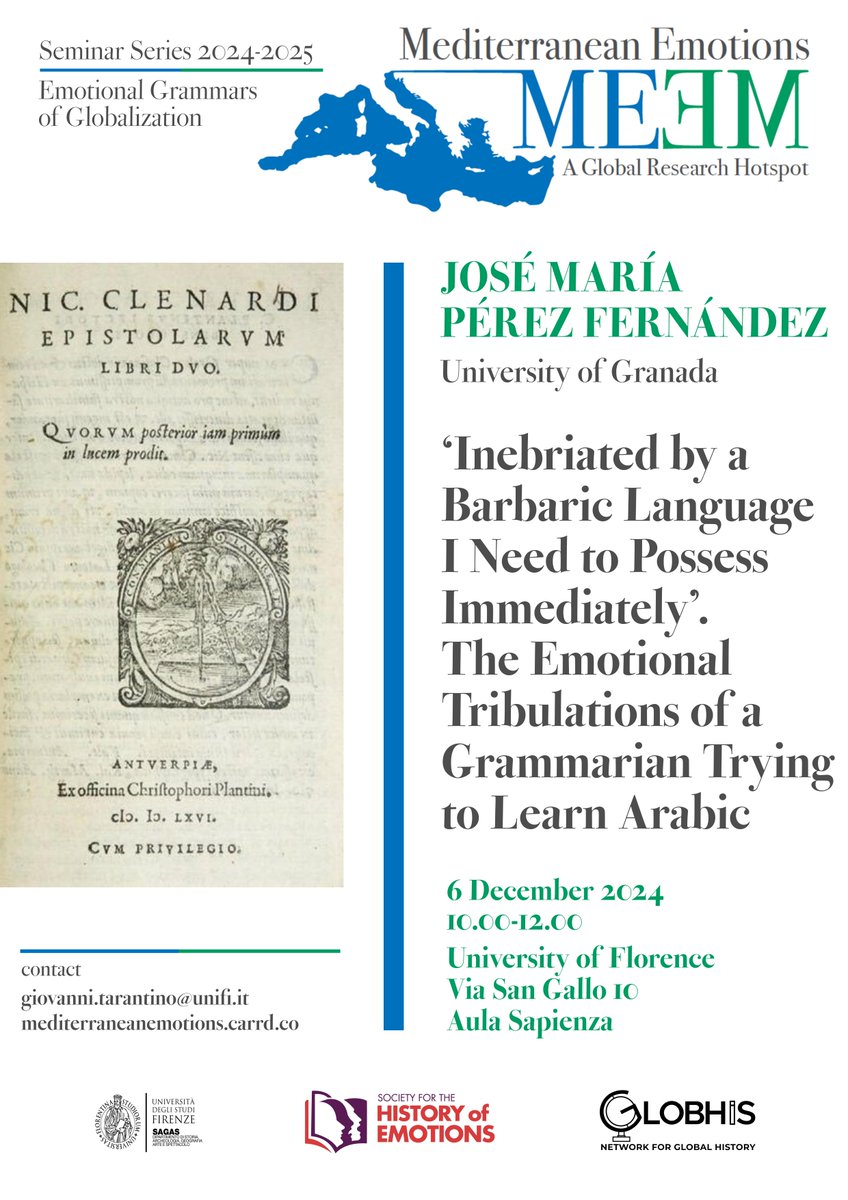 Join us this Friday 6 December 2024 for an intriguing talk by José María Pérez Fernández (University of Granada): "The Emotional Tribulations of a Grammarian Trying to Learn Arabic"
🕙 10:00-12:00
📍 University of Florence, Via San Gallo 10, Aula Sapienza
Hybrid mode