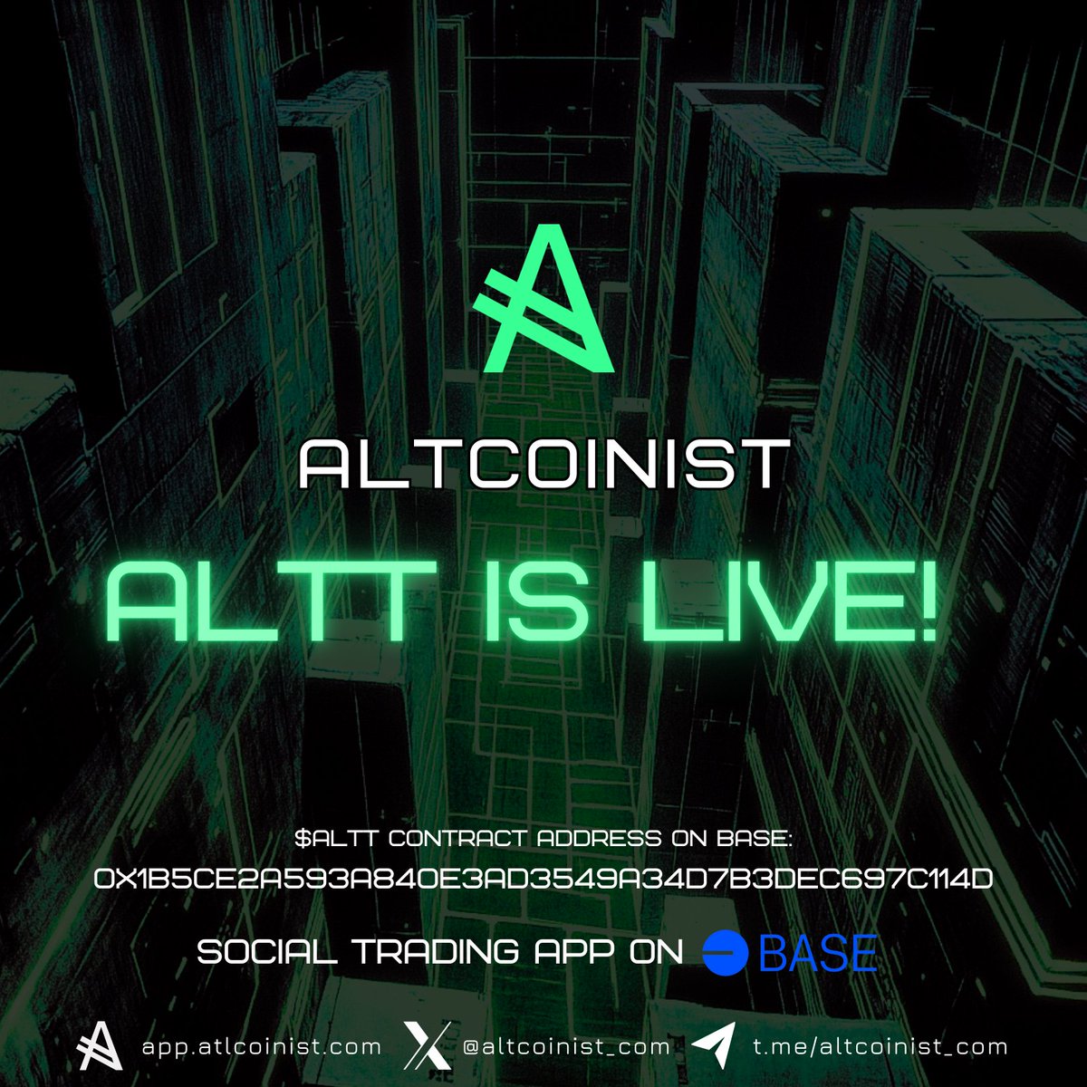 Altcoinist's tweet image. $ALTT IS NOW LIVE ON @base !!!🔵

Altcoinist is taking a HUGE step toward revolutionizing social trading with our token now deployed.

$ALTT Contract Address on Base:
0x1b5ce2a593a840e3ad3549a34d7b3dec697c114d

Trade ALTT on Uniswap DEX:
app.uniswap.org/explore/tokens…