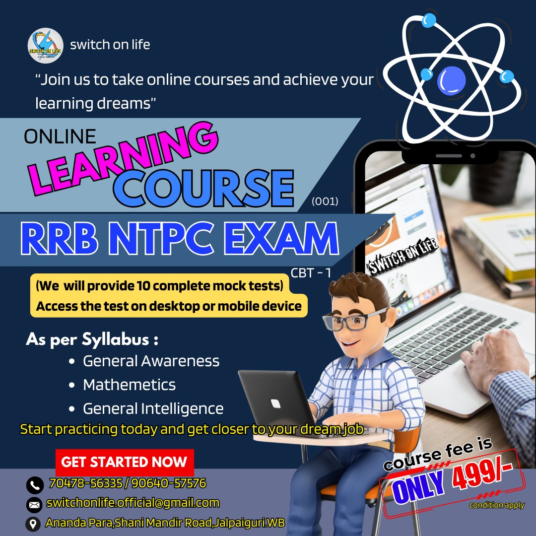 SwitchOnLife_24's tweet image. #OnlineLearningCourse #RRBNTPC #MockTest
#Training (001)
Comprehensive Guide to RRB NTPC Full Mock Test – Your Key to Cracking NTPC 2024 with Training by Switchonlife
Call/WApp - 70478 56335 or 90640 57576
#rrbntpc2024
#RRBNTPCPreparation
#rrbntpcnotification
#onlinecourses
