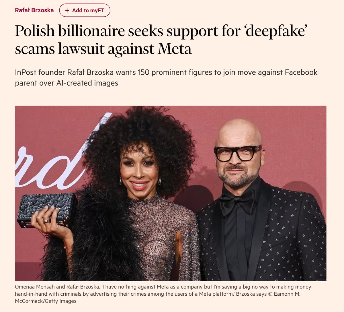 Jack (@kotarbinski) on Twitter photo Polish billionaire seeks support for ‘deepfake’ scams lawsuit against #Meta. #InPost #founder Rafał #Brzoska wants 150 prominent figures to join move against #Facebook parent over #AI -created images. ft.com/content/f390bf… <a href="/FinancialTimes/">Financial Times</a> <a href="/RBrzoska/">Rafał Brzoska</a> #Poland Polish billionaire seeks support for ‘deepfake’ scams lawsuit against #Meta. #InPost #founder Rafał #Brzoska wants 150 prominent figures to join move against #Facebook parent over #AI -created images. ft.com/content/f390bf… <a href="/FinancialTimes/">Financial Times</a> <a href="/RBrzoska/">Rafał Brzoska</a> #Poland