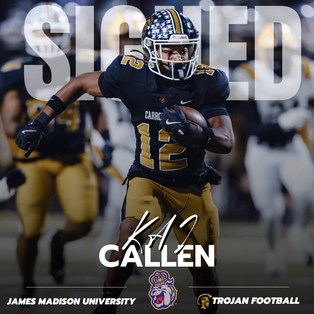 Trojan Football (@carrollton_high) on Twitter photo SIGNED ✍️
Congratulations to DB <a href="/kai_callen/">Kai “Samurai” Callen</a> on signing with JAMES MADISON UNIVERSITY‼️
<a href="/JMUFootball/">JMU Football</a>
#GoldStandard SIGNED ✍️
Congratulations to DB <a href="/kai_callen/">Kai “Samurai” Callen</a> on signing with JAMES MADISON UNIVERSITY‼️
<a href="/JMUFootball/">JMU Football</a>
#GoldStandard