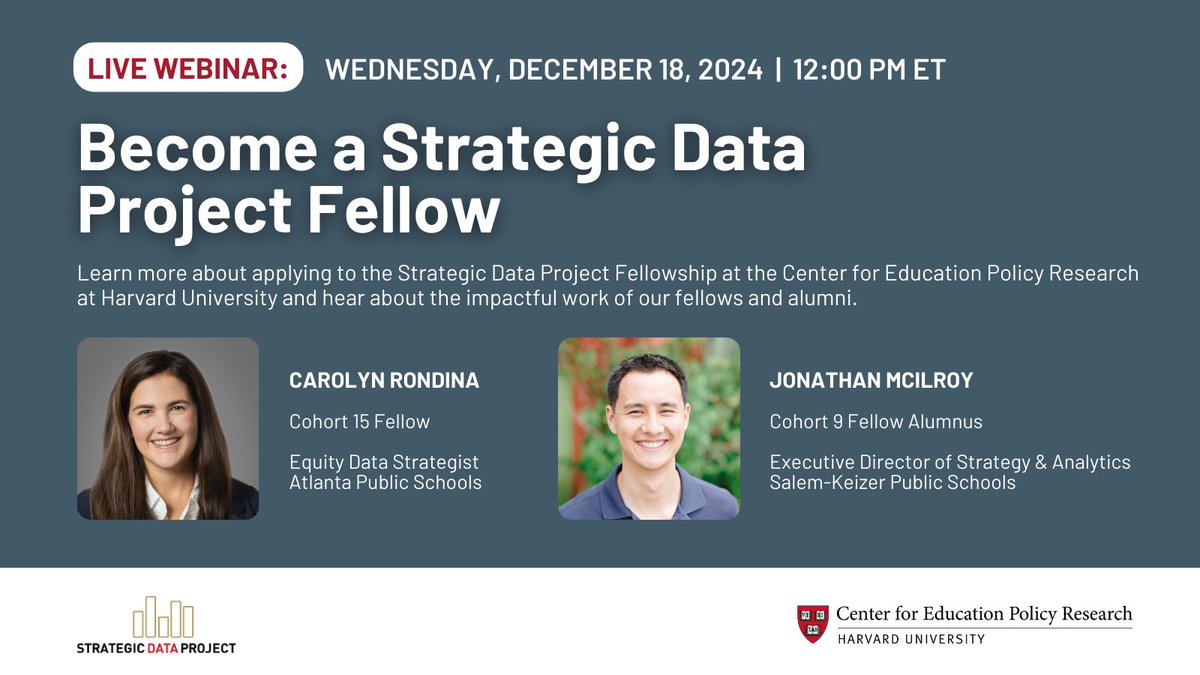 🚨Webinar Alert! Wednesday, December 18th, 2024 at 12:00pm ET. Join #SDPfellow Carolyn Rondina and #SDPfellow alumnus Jonathan McIlory to learn more about their fellowship highlights, capstone projects, and career pathways.

Register here: ow.ly/l33O50U2olX