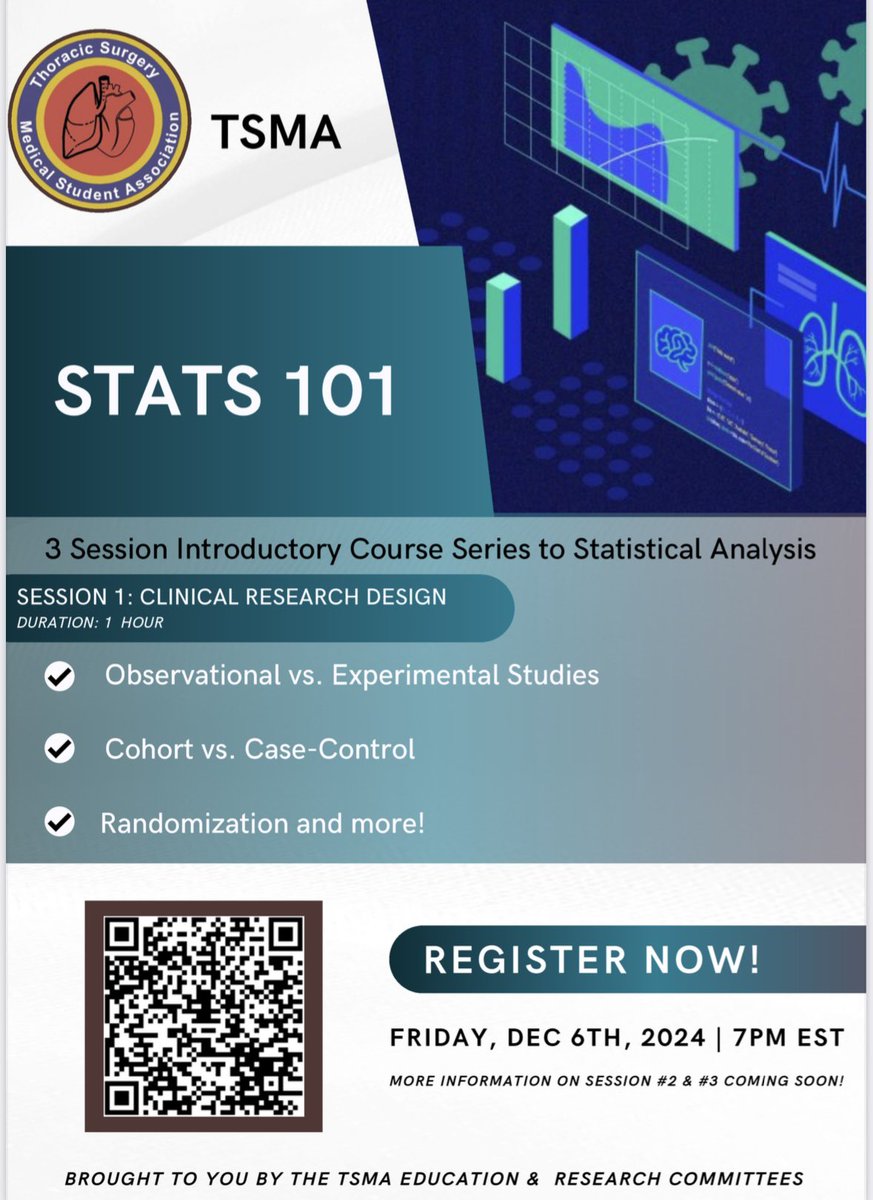 🚨 Attention TSMA members! 🚨 Join us for a 3-part series on intro to statistics &amp; STATA for clinical research! 📊🖥️ Session 1 kicks off on 12/6 at 7 PM ET. Don't miss out – whether you're new to stats or just need a refresher! 🗓️ #TSMA #ClinicalResearch #STATA