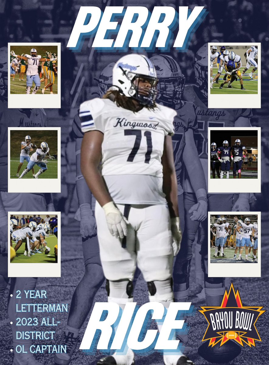 Bayou Bowl (@bayoubowlghfca) on Twitter photo 🏈Congrats to Perry Rice <a href="/71_perryrice/">Perry Rice</a> from Kingwood for being selected to represent the <a href="/ghfcahouston/">GHFCA Houston</a> in this years <a href="/BayouBowlGHFCA/">Bayou Bowl</a> game Jan.4th🏈 <a href="/KWCoachMel/">Cale Melton</a> <a href="/AsbcKingwood/">KingwoodASBC</a> <a href="/HumbleISD_KHS/">Kingwood High School</a> <a href="/Team_Funded/">TeamFunded</a> <a href="/Releventww/">Relevent Worldwide</a> <a href="/71_perryrice/">Perry Rice</a> 🏈Congrats to Perry Rice <a href="/71_perryrice/">Perry Rice</a> from Kingwood for being selected to represent the <a href="/ghfcahouston/">GHFCA Houston</a> in this years <a href="/BayouBowlGHFCA/">Bayou Bowl</a> game Jan.4th🏈 <a href="/KWCoachMel/">Cale Melton</a> <a href="/AsbcKingwood/">KingwoodASBC</a> <a href="/HumbleISD_KHS/">Kingwood High School</a> <a href="/Team_Funded/">TeamFunded</a> <a href="/Releventww/">Relevent Worldwide</a> <a href="/71_perryrice/">Perry Rice</a>