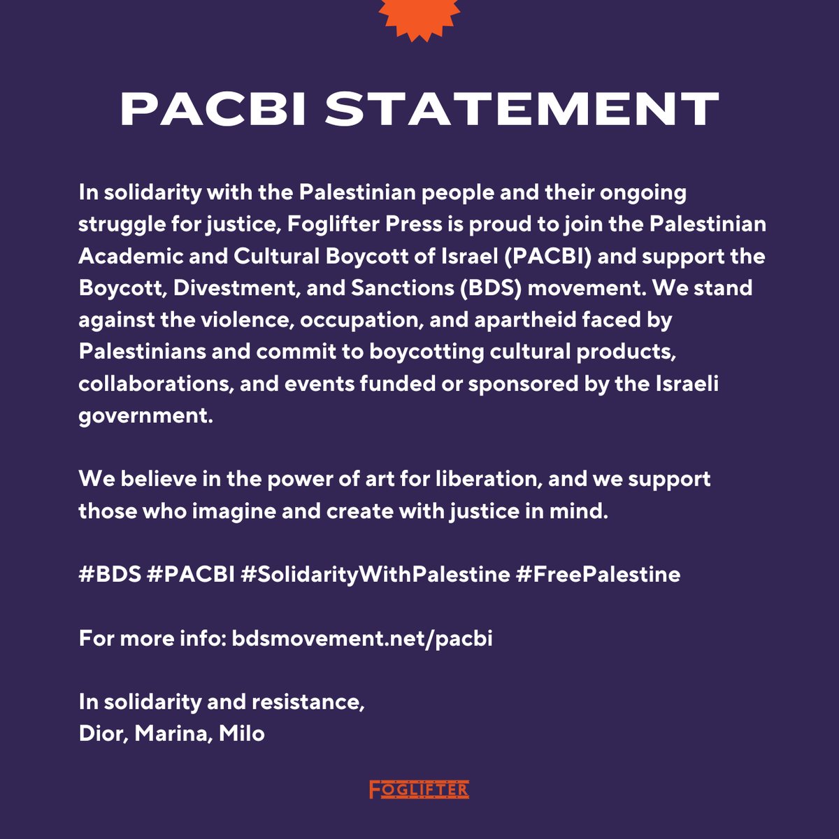 foglifterpress's tweet photo. Dear beloved Foglifter community, please see the following statements from our editors regarding Foglifter joining the Palestinian Academic and Cultural Boycott of Israel (PACBI) and our renewed commitments post US election ❤️‍🔥 https://t.co/IhbQwbFWPW