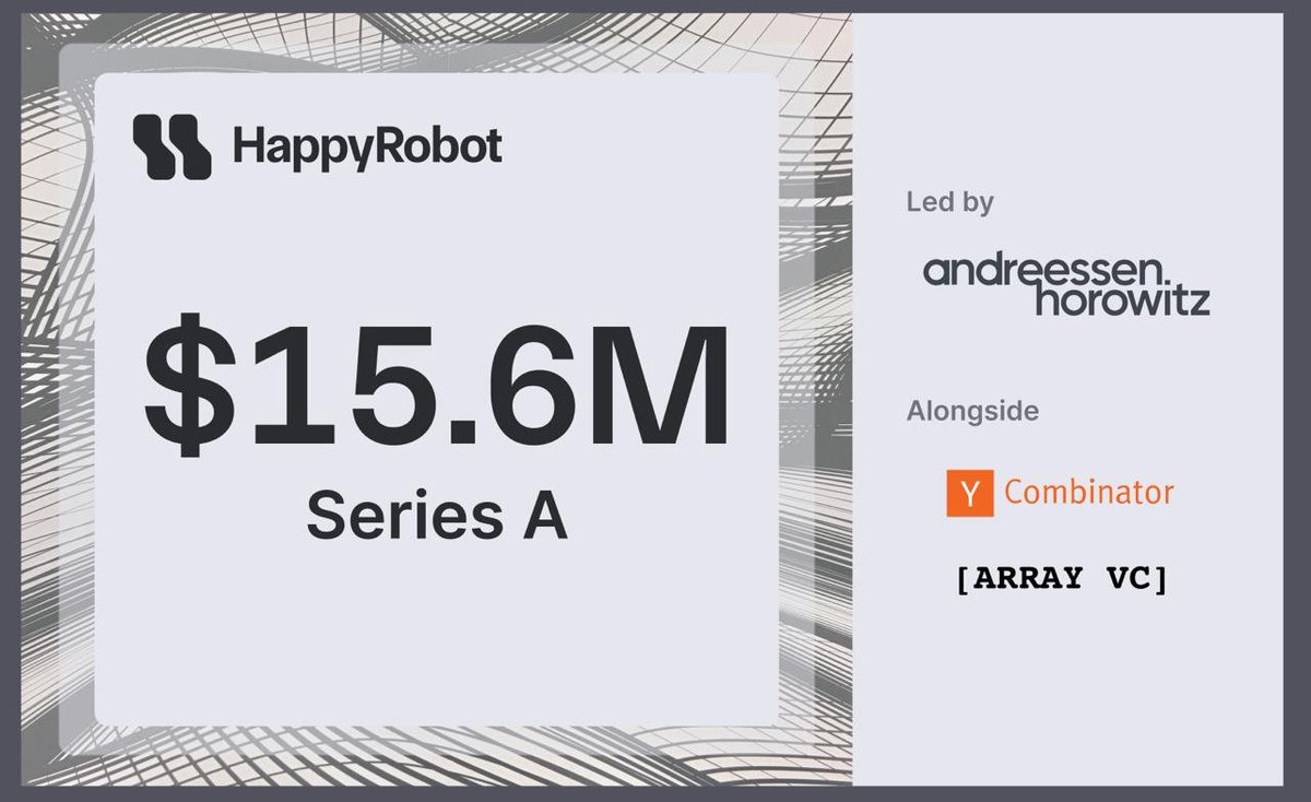 Anish Acharya (@illscience) on Twitter photo Thrilled to announce we're leading <a href="/happyrobot_ai/">HappyRobot</a>'s Series A! 🤖
HappyRobot is reinventing communication for logistics - starting with AI phone agents that handle track and trace, payment updates, negotiations + more.
Why our team <a href="/a16z/">a16z</a> invested 👇 (<a href="/omooretweets/">Olivia Moore</a>, <a href="/seema_amble/">Seema Amble</a>) Thrilled to announce we're leading <a href="/happyrobot_ai/">HappyRobot</a>'s Series A! 🤖
HappyRobot is reinventing communication for logistics - starting with AI phone agents that handle track and trace, payment updates, negotiations + more.
Why our team <a href="/a16z/">a16z</a> invested 👇 (<a href="/omooretweets/">Olivia Moore</a>, <a href="/seema_amble/">Seema Amble</a>)