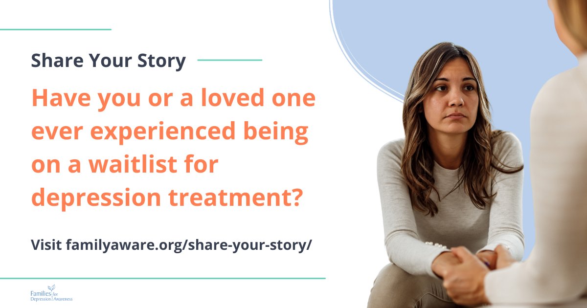 FamilyAware's tweet image. We are continuing our search for a family willing to share their story about mental health #waitlists. If you or someone close to you has experienced delays in accessing #depression treatment, please reach out. 

Fill out our form to get started, familyaware.org/get-involved/s…
