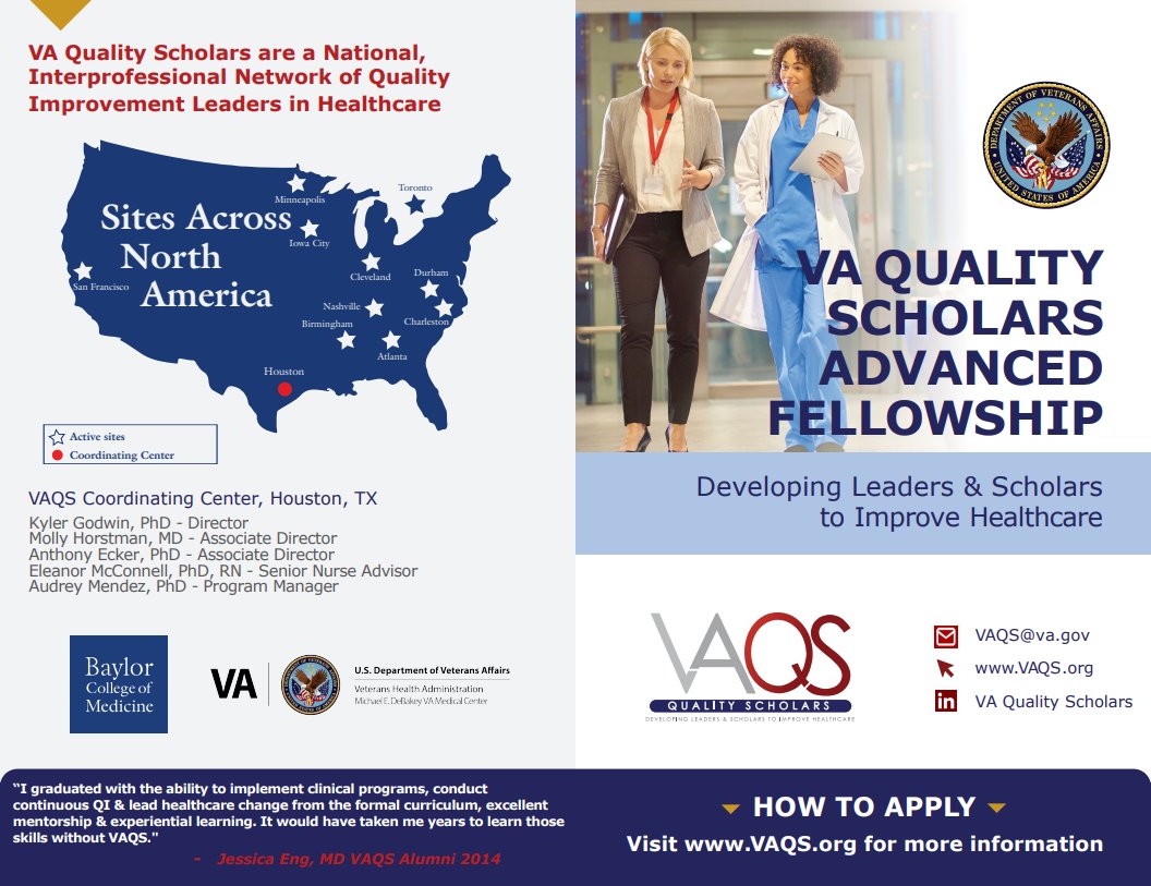 qualityscholar's tweet image. It's recruitment time! The VA Quality Scholars Program is recruiting qualified individuals to participate in a two-year advanced fellowship focused on developing leaders &amp;amp; scholars in healthcare improvement. Please see the brochure below for more information &amp;amp; feel free to share!