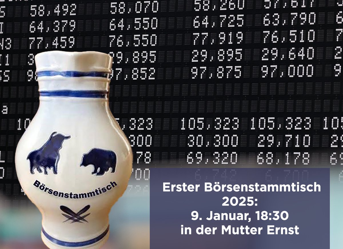 Frankfurt-#fintwit-Bubble, bitte vormerken: Wir treffen uns mit frischen Ideen am 9. Januar zum Frankfurter Börsenstammtisch. Der runde Tisch in der Mutter Ernst ist reserviert. Wer da ist, ist da. Ich wünsche Euch schöne und renditeträchtige Tage bis dahin.