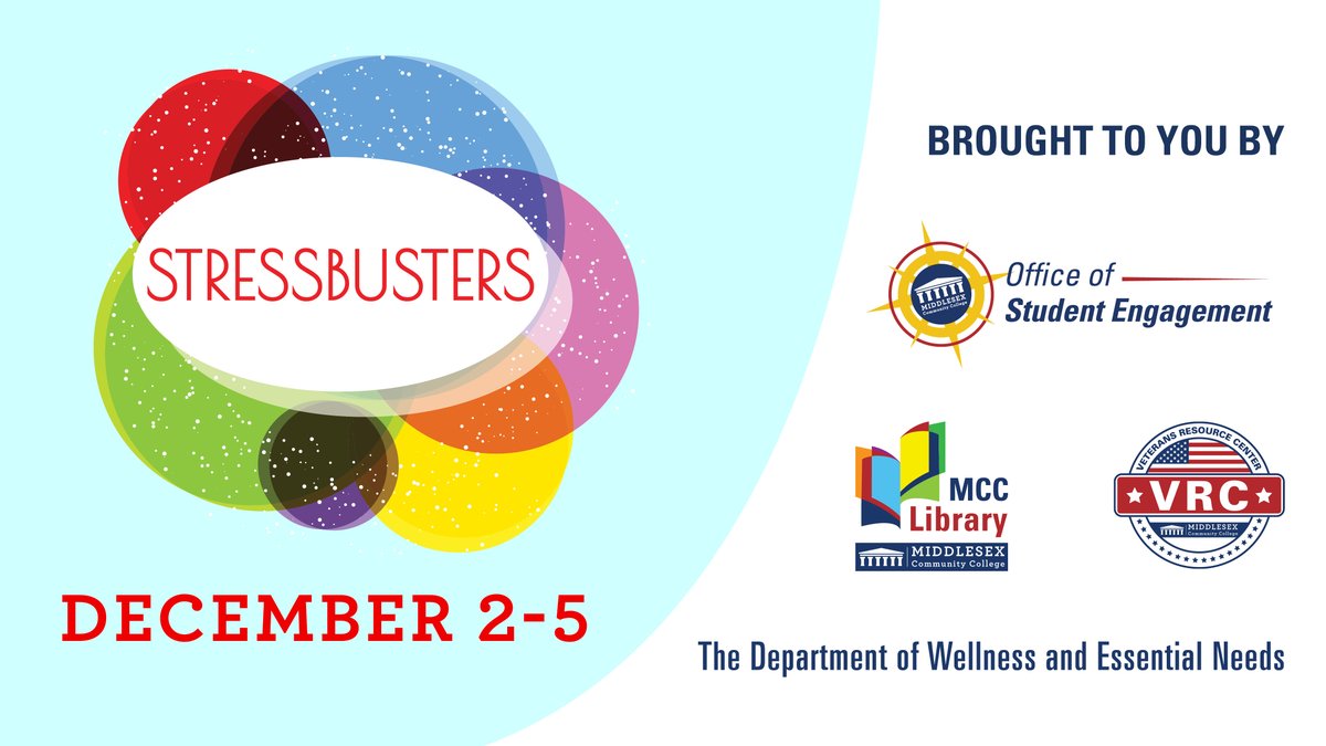 middlesex_cc's tweet image. Want to relax before finals? Join us for Stressbusters Week! Now through Thursday, December 5, we'll be hosting a variety of activities on both campuses, including visits from therapy dogs, massages and manicures, de-stress workshops, and more! #mccpath