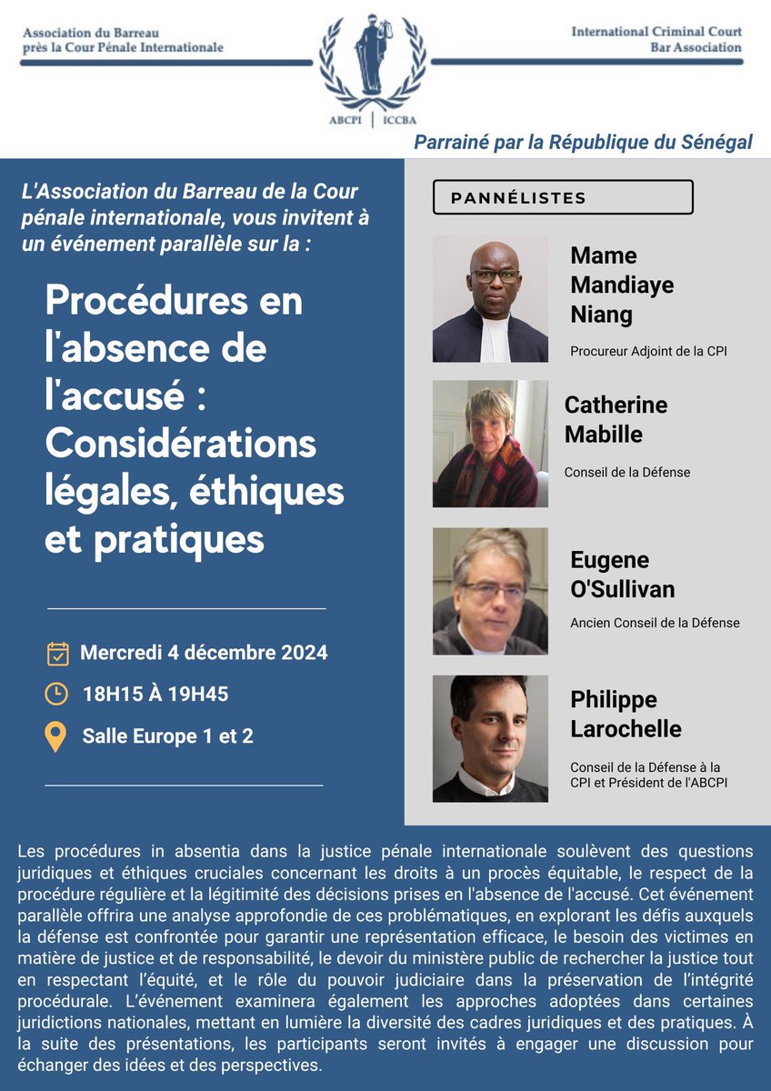 Come join us in an hour for our side event, "Proceedings in Absentia: Legal, Ethical, and Practical Considerations," at the #ICC Assembly of States Parties. Attendance is limited to those accredited for the 23rd Session of the ASP. #ASP23