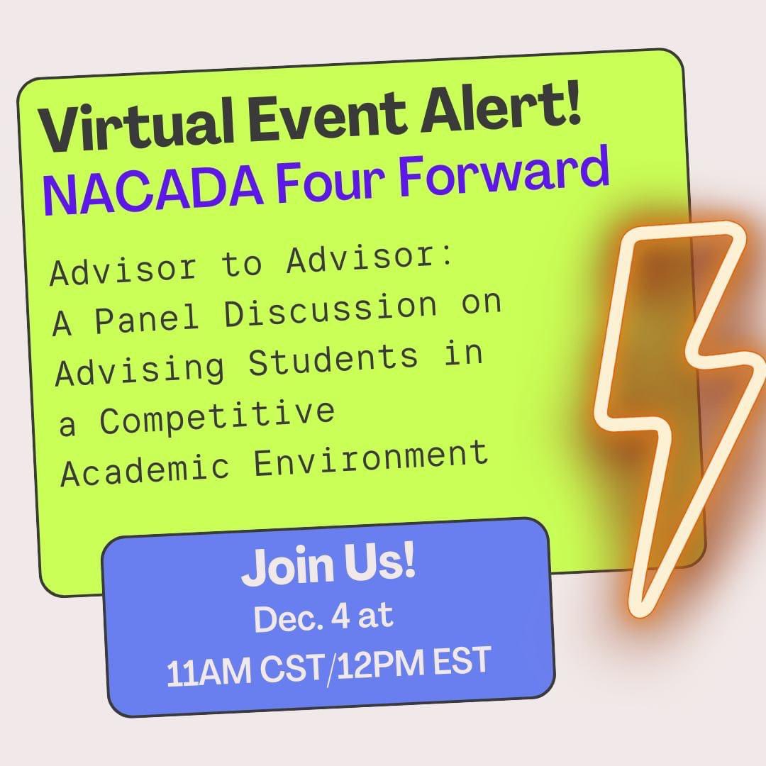 NACADA_Region4's tweet photo. Join us IN ONE HOUR for our next Four Forward, "Advisor to Advisor: A Panel Discussion on Advising Students in a Competitive Academic Environment," at 11AM CST/12PM EST. Make sure you login and go here to join 15min before it starts:  https://t.co/xKaJbKd3aL https://t.co/gQ3Jz7fsqS