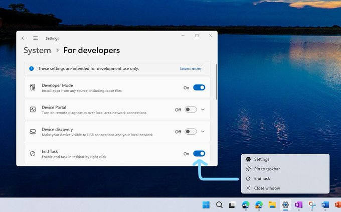JenMsft's tweet photo. Did you know in Windows 11 there's an end task option you can enable when right clicking apps in the taskbar?

Handy if you're the sort of person that goes to Task Manager to do this a lot 😊 https://t.co/KQXVHiRQUq