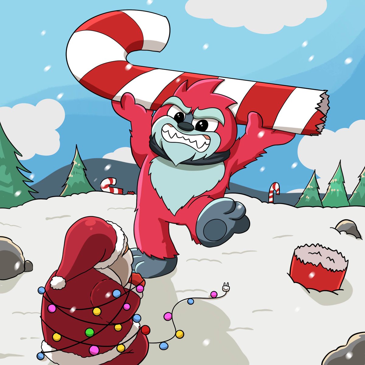 Santa, all wrapped up and nowhere to go. 🎅💡 One swing of this candy cane, and the holidays will never be the same. 🐾🍬