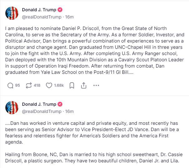 BREAKING: President-Elect Trump Appoints Daniel Driscoll as Secretary of the Army